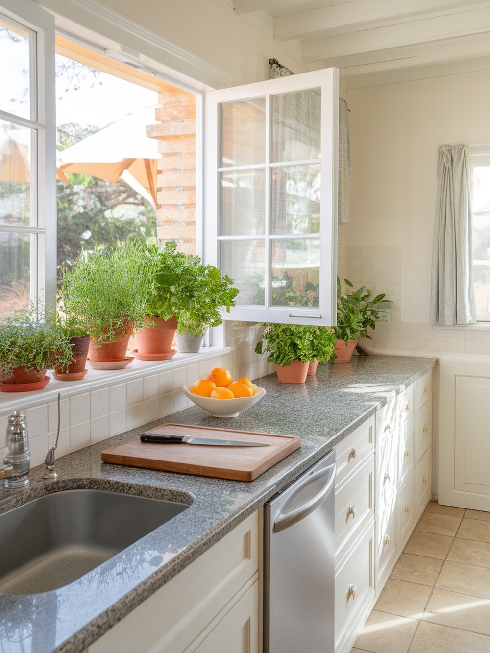 A bright kitchen with herbs and citrus fruits on the countertop, showcasing natural solutions for stale air.
