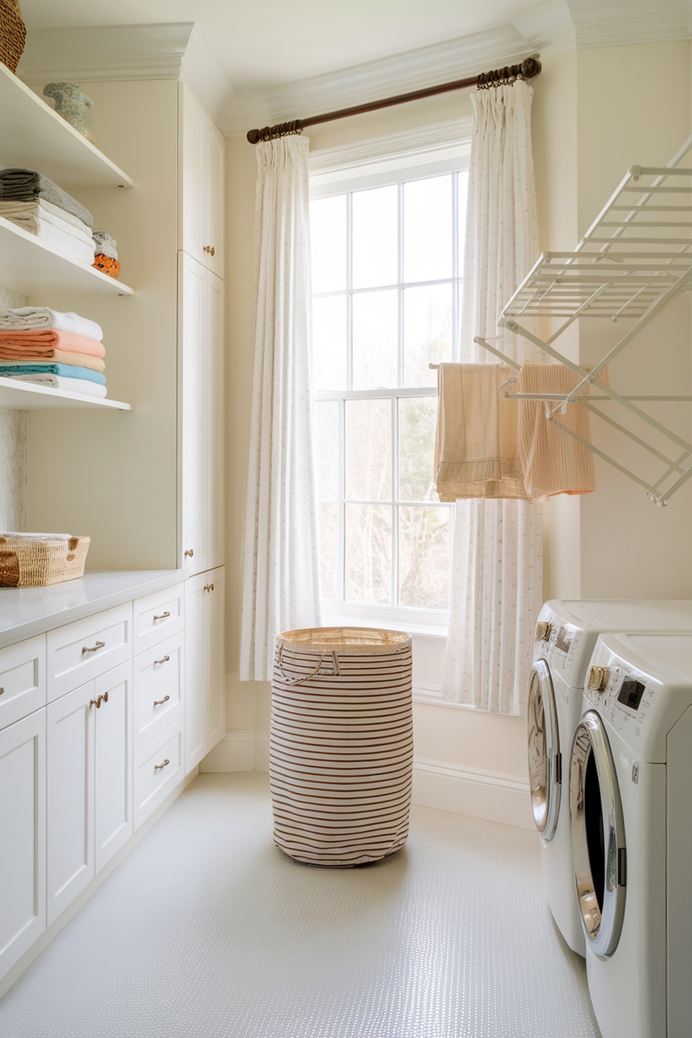 A bright and organized laundry room with neatly stacked towels, a stylish laundry basket, and a washing machine.