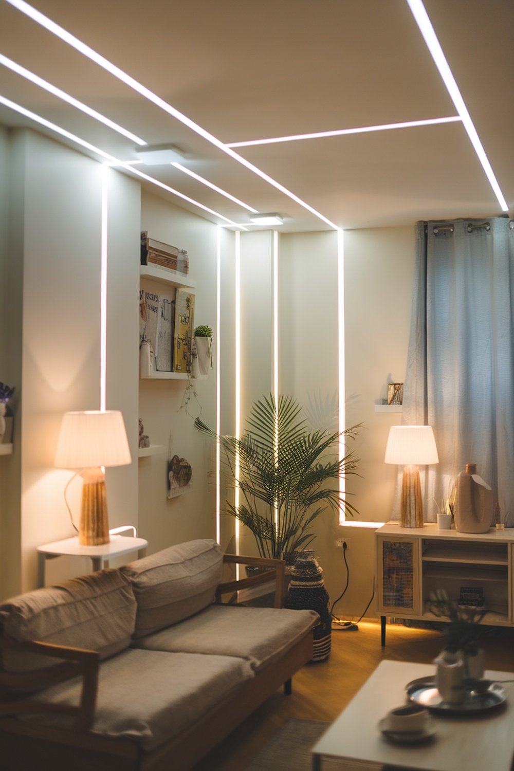 A modern small living room with smart lighting solutions, featuring wall-mounted light strips and warm lamps.