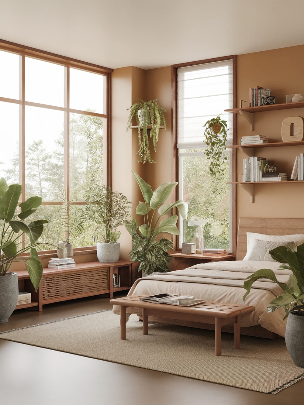 A serene bedroom with large windows, plants, and wooden furniture, showcasing a natural aesthetic.