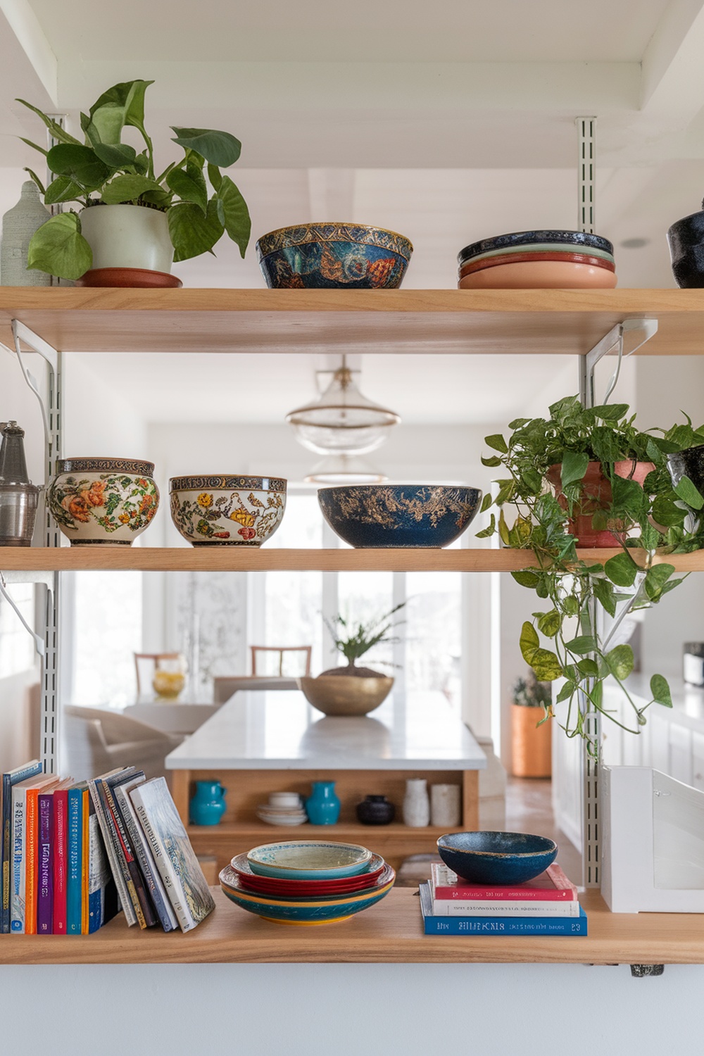 Open shelving in a modern kitchen showcasing colorful bowls, books, and plants.