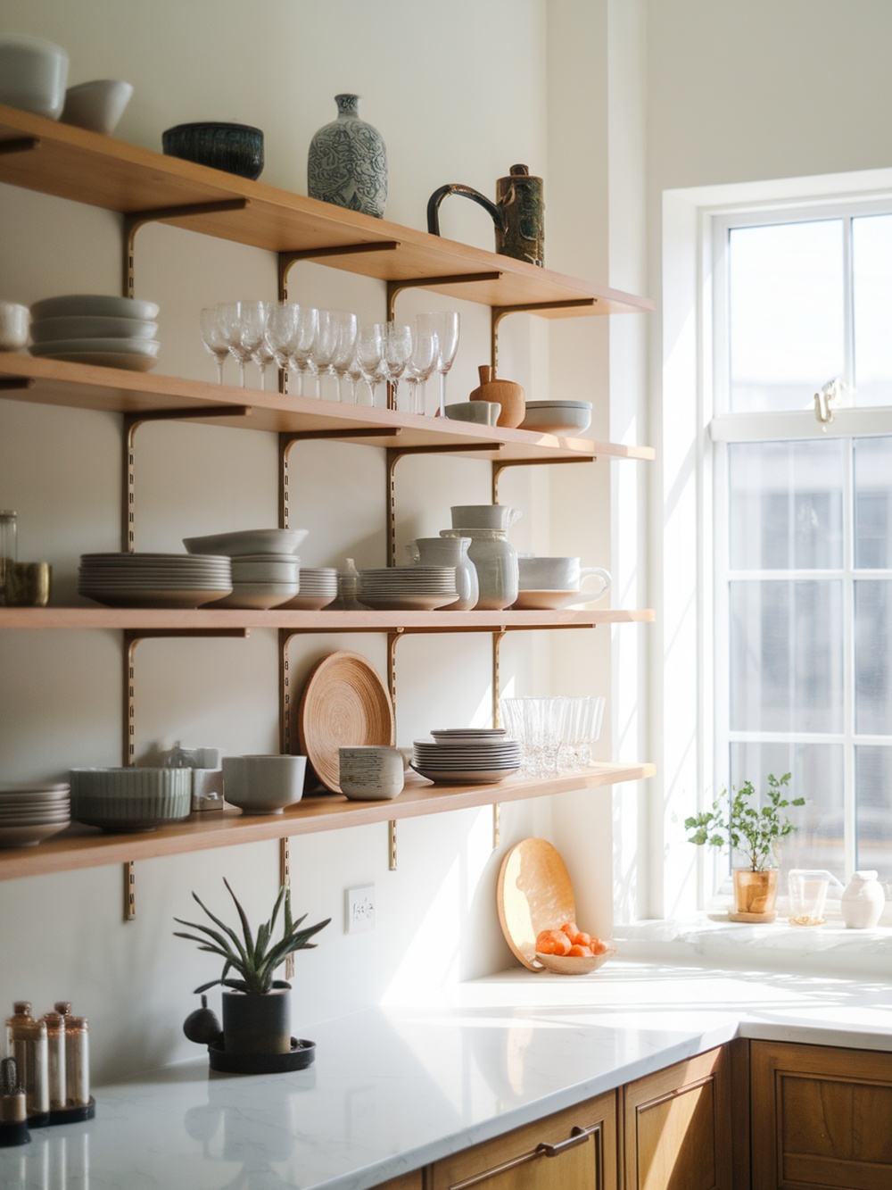 Open shelving in a kitchen displaying dishes, glasses, and decorative items.