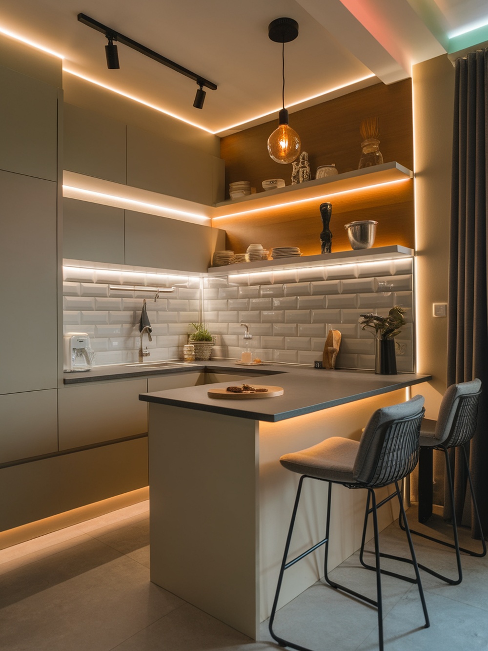 Modern kitchen with smart lighting, featuring under-cabinet lights and pendant fixtures.