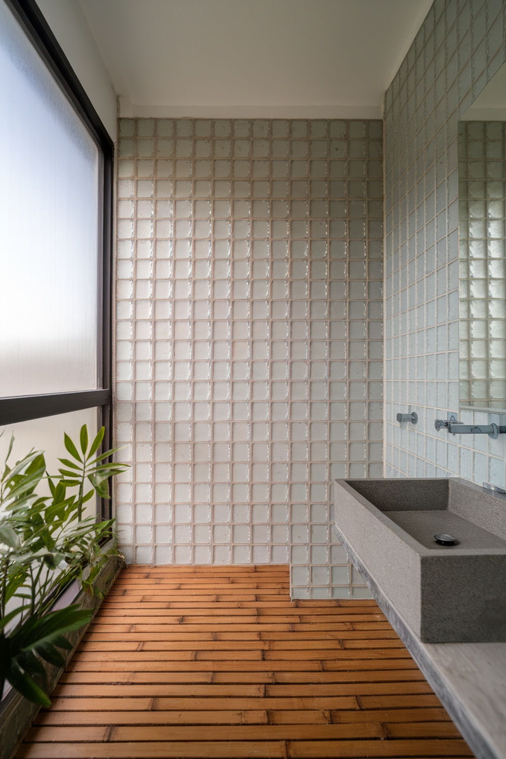 A modern bathroom with bamboo flooring, glass tiles, and a plant.