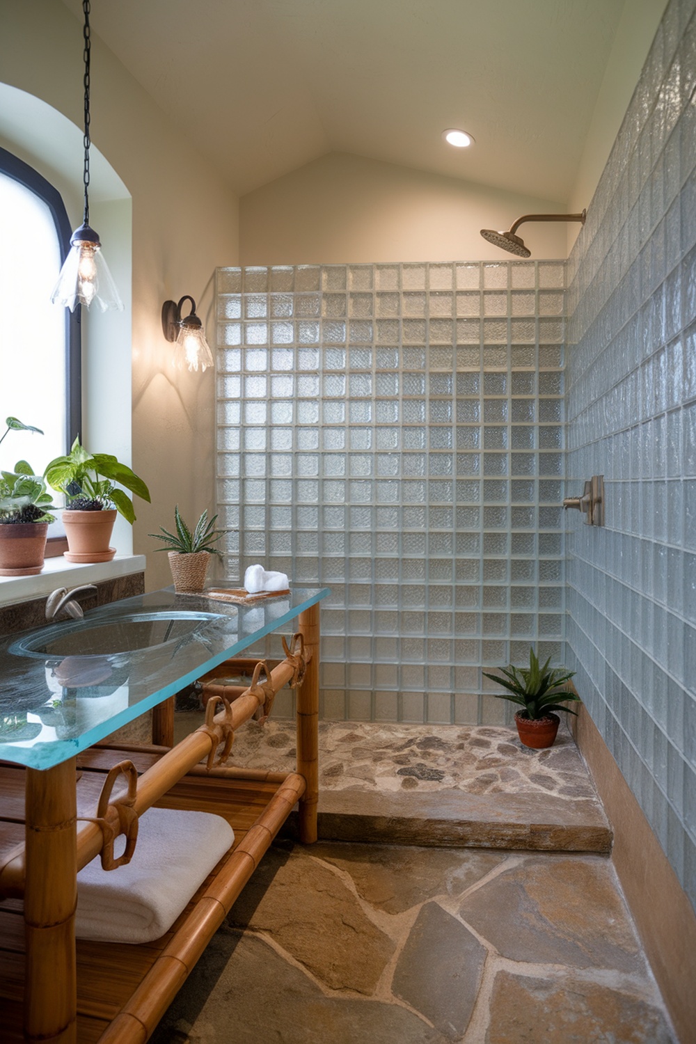A stylish bathroom featuring sustainable materials like bamboo and glass, with potted plants for decor.