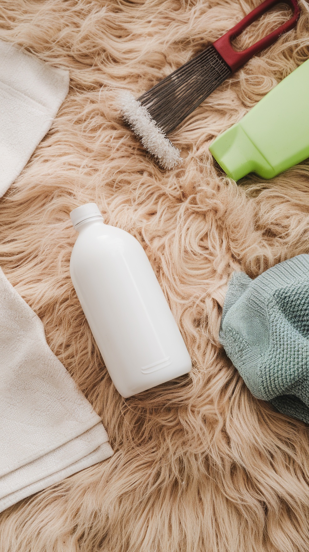 A bottle of white vinegar on a fluffy rug with cleaning tools.