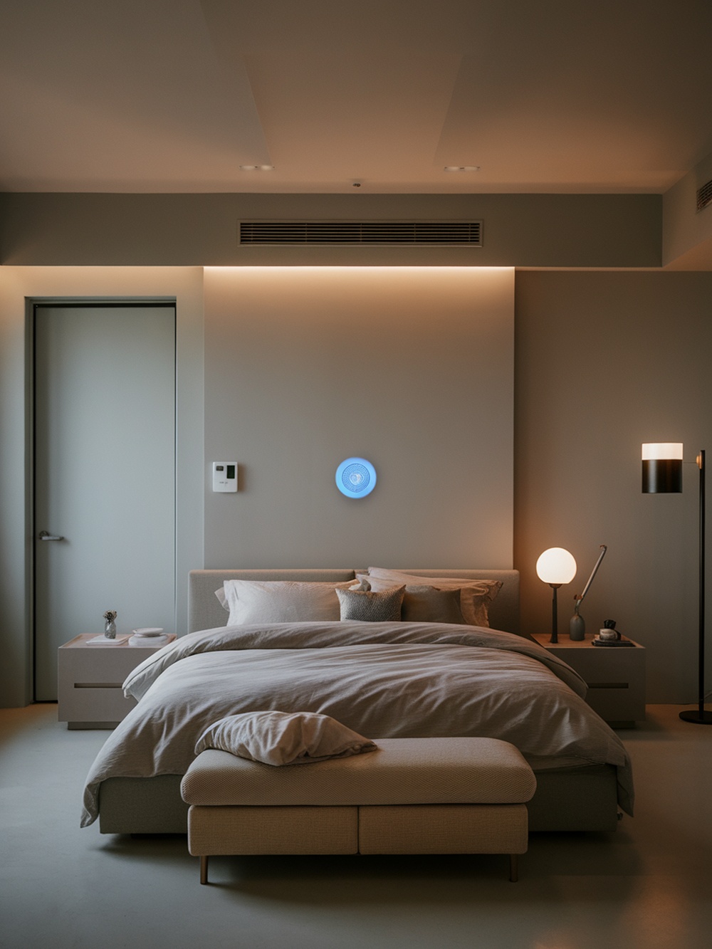 A modern bedroom featuring smart technology with soft lighting, a cozy bed, and sleek decor.