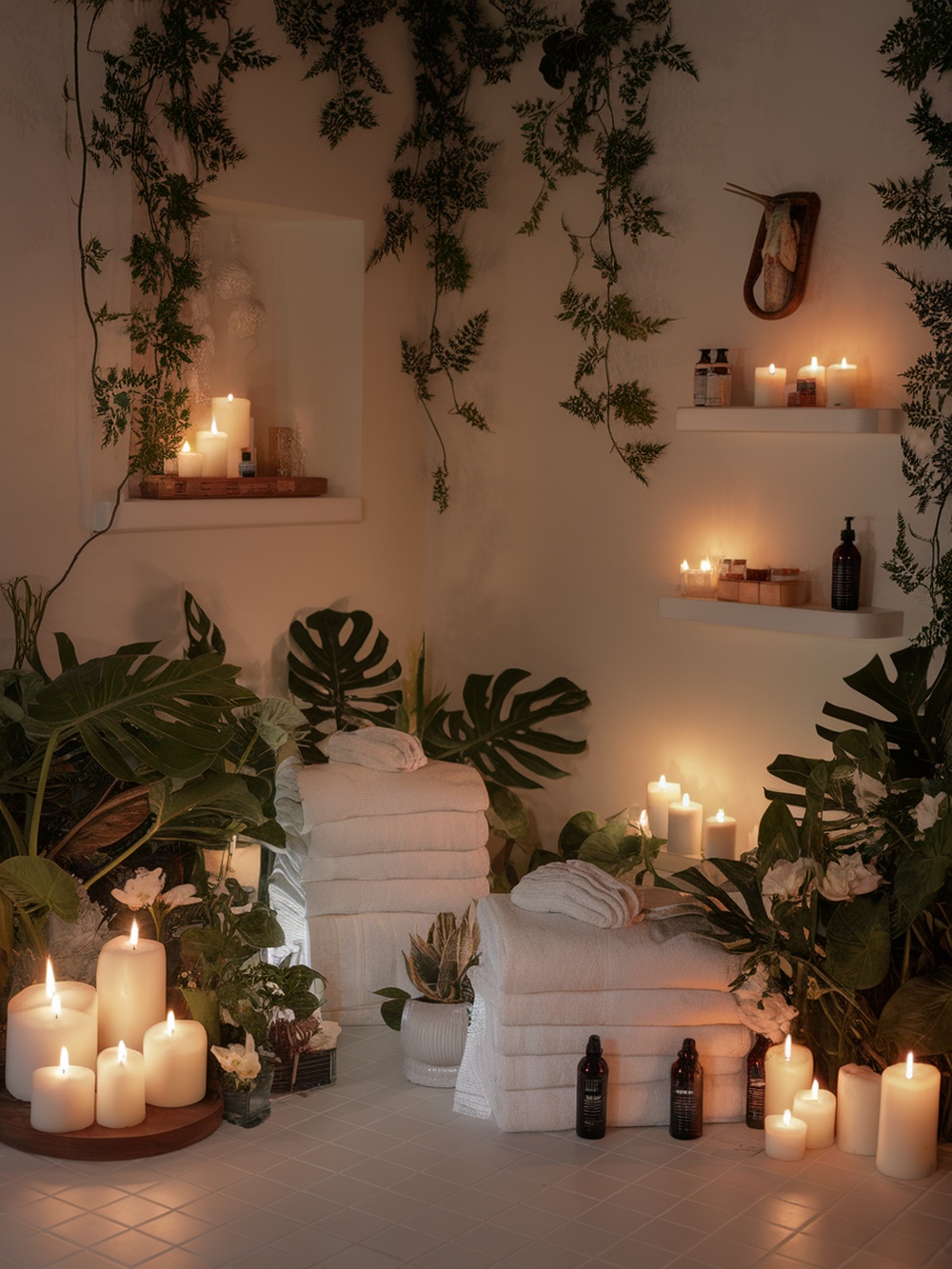 A serene bathroom with candles, towels, and plants creating a calming atmosphere.