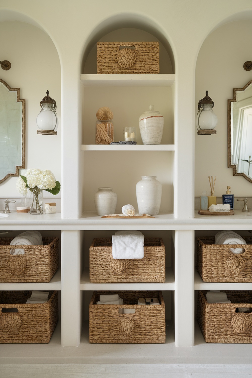 Stylish bathroom storage with woven baskets and decorative jars on shelves