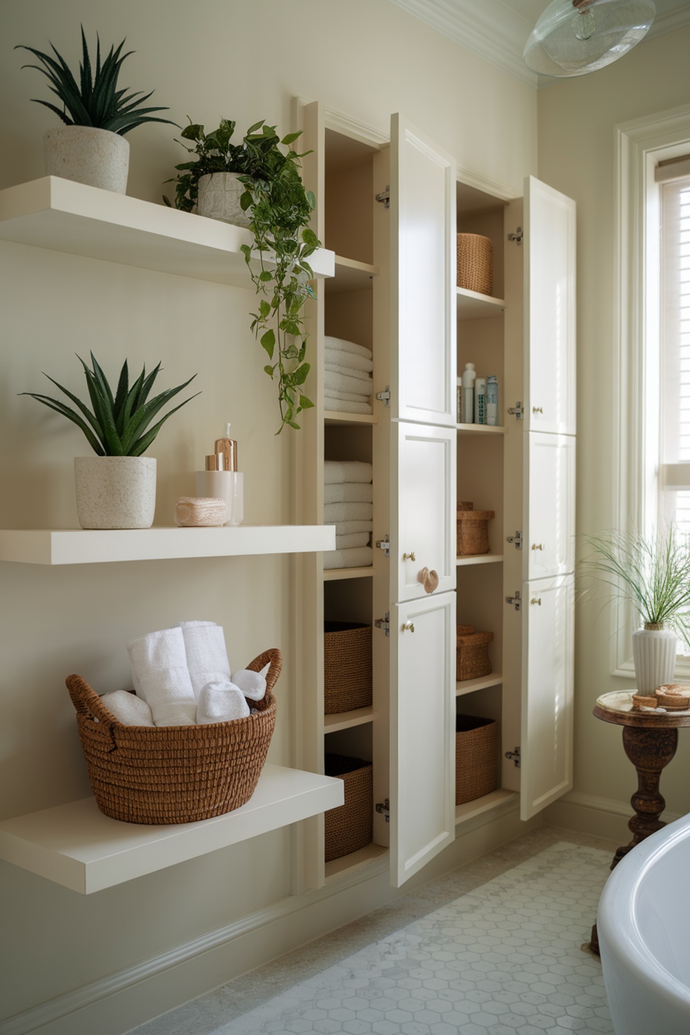 A stylish bathroom with creative storage solutions, featuring shelves, cabinets, and decorative plants.