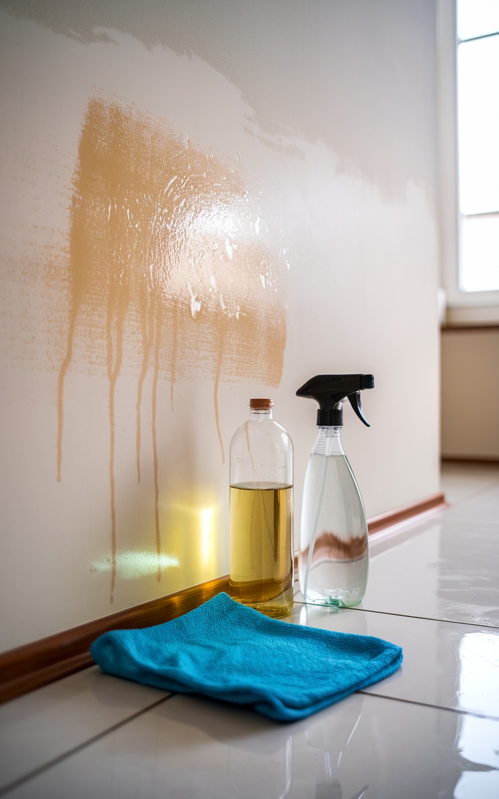 A cleaning setup with vinegar, a spray bottle, and a blue cloth next to a wall showing cleaning streaks.