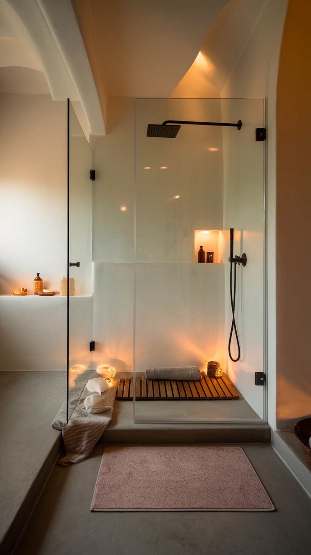 A cozy bathroom with a glass shower, wooden mat, and soft lighting.