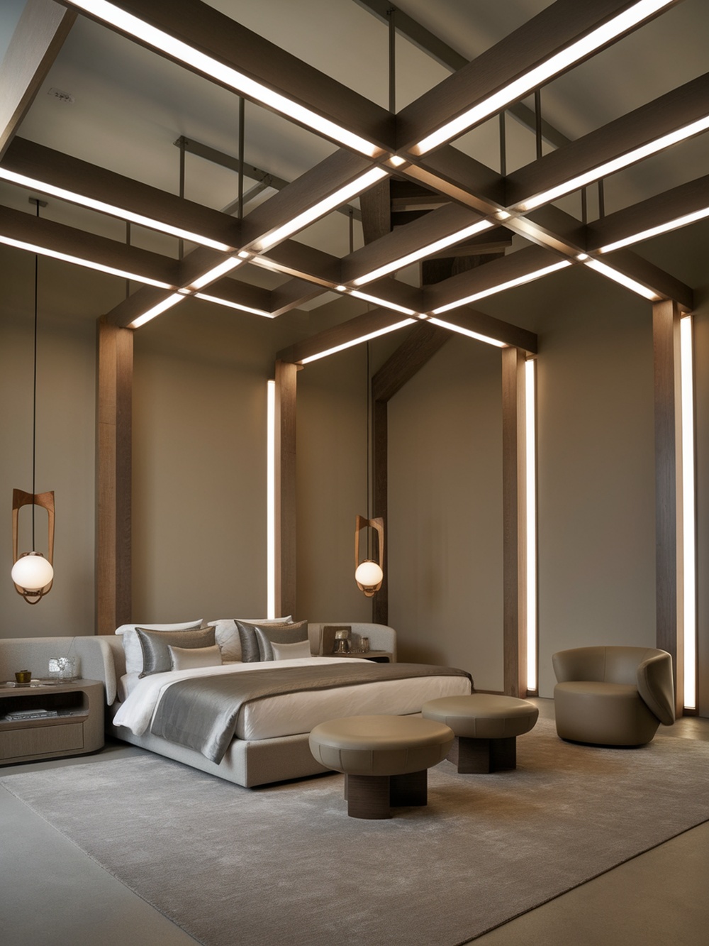 A contemporary bedroom featuring innovative lighting solutions with a unique ceiling design and elegant pendant lights.