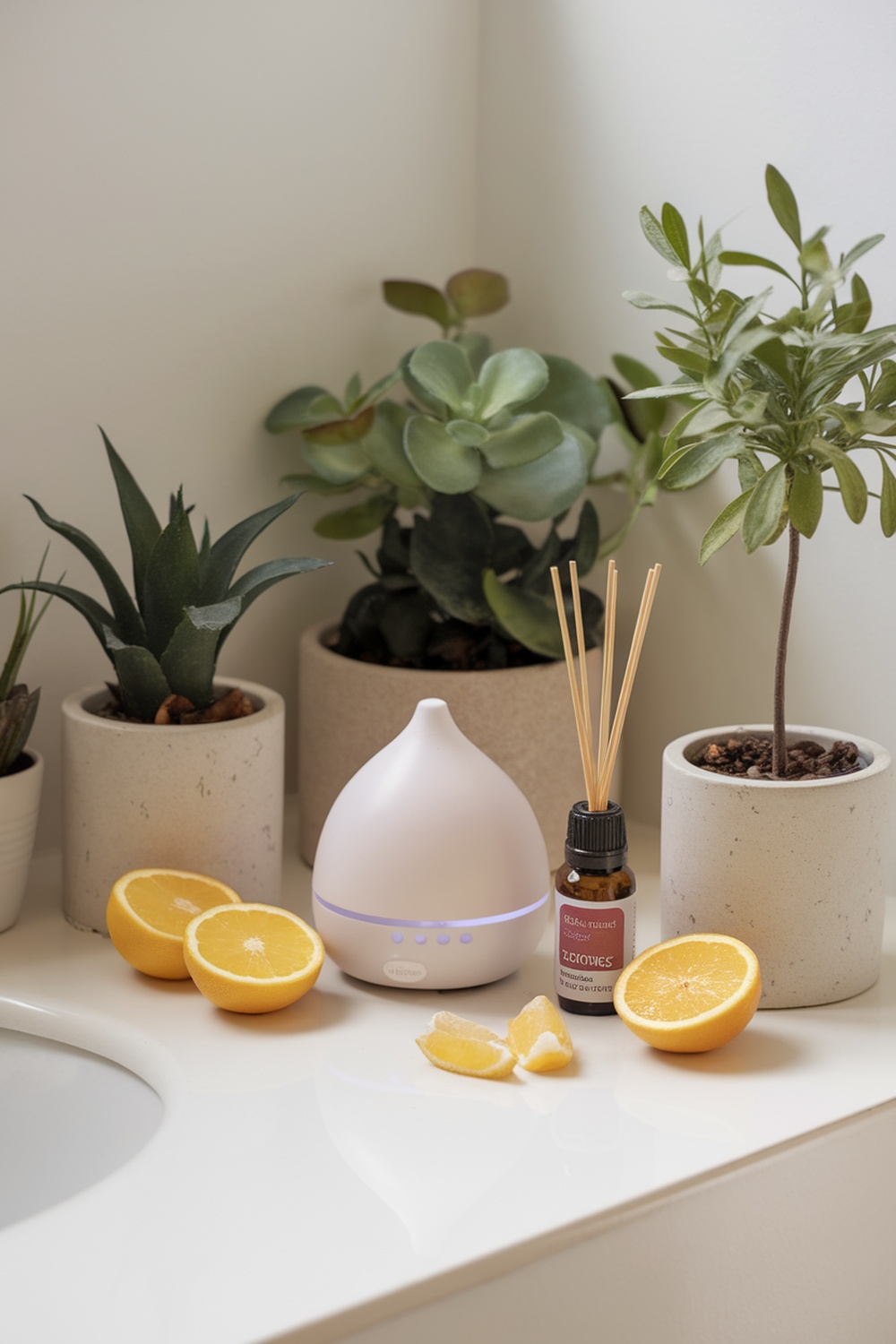 A bathroom setup featuring a diffuser, essential oils, and fresh lemons for natural deodorizing.
