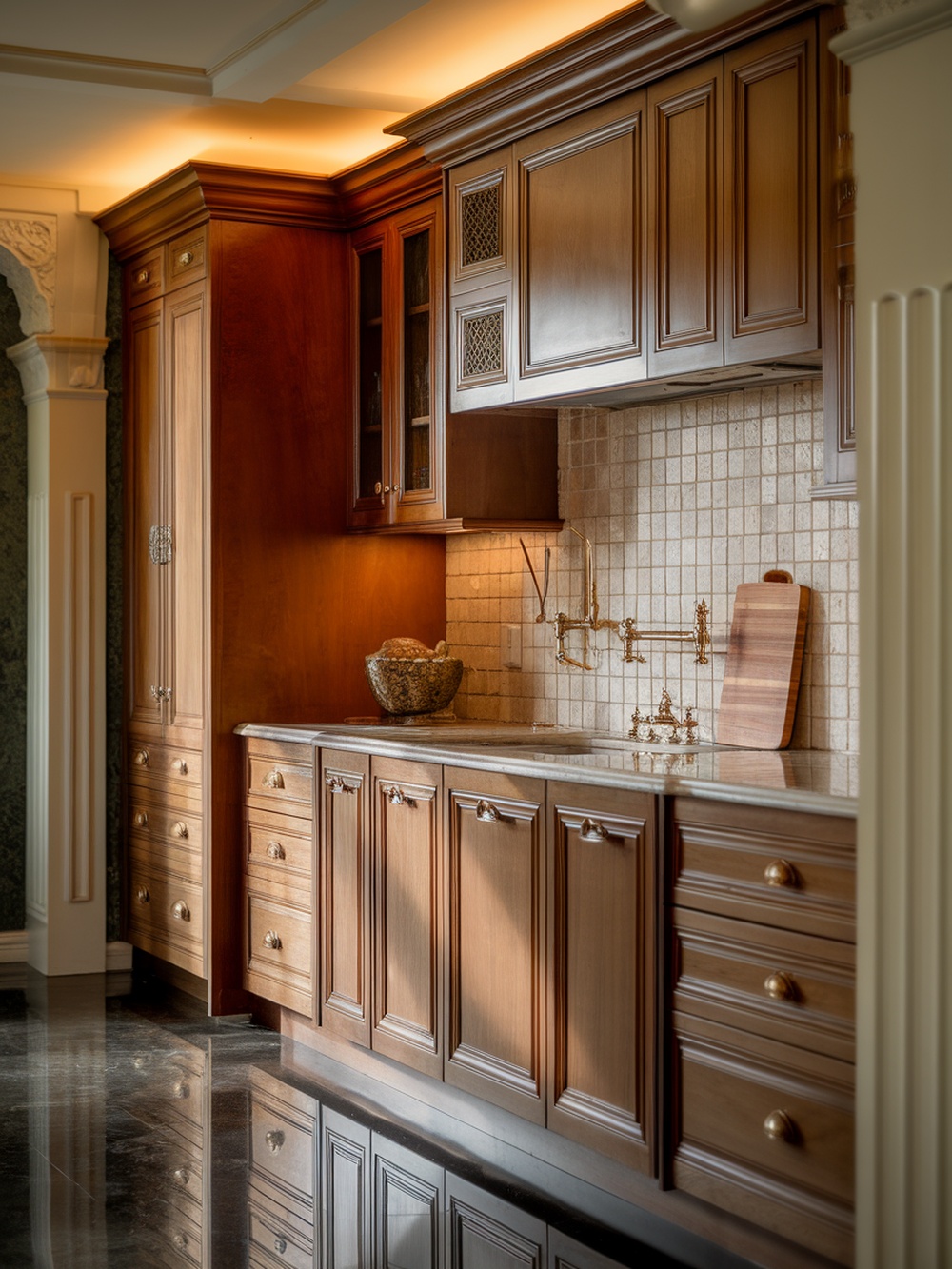 Luxurious wooden kitchen cabinets with polished finish and decorative hardware.