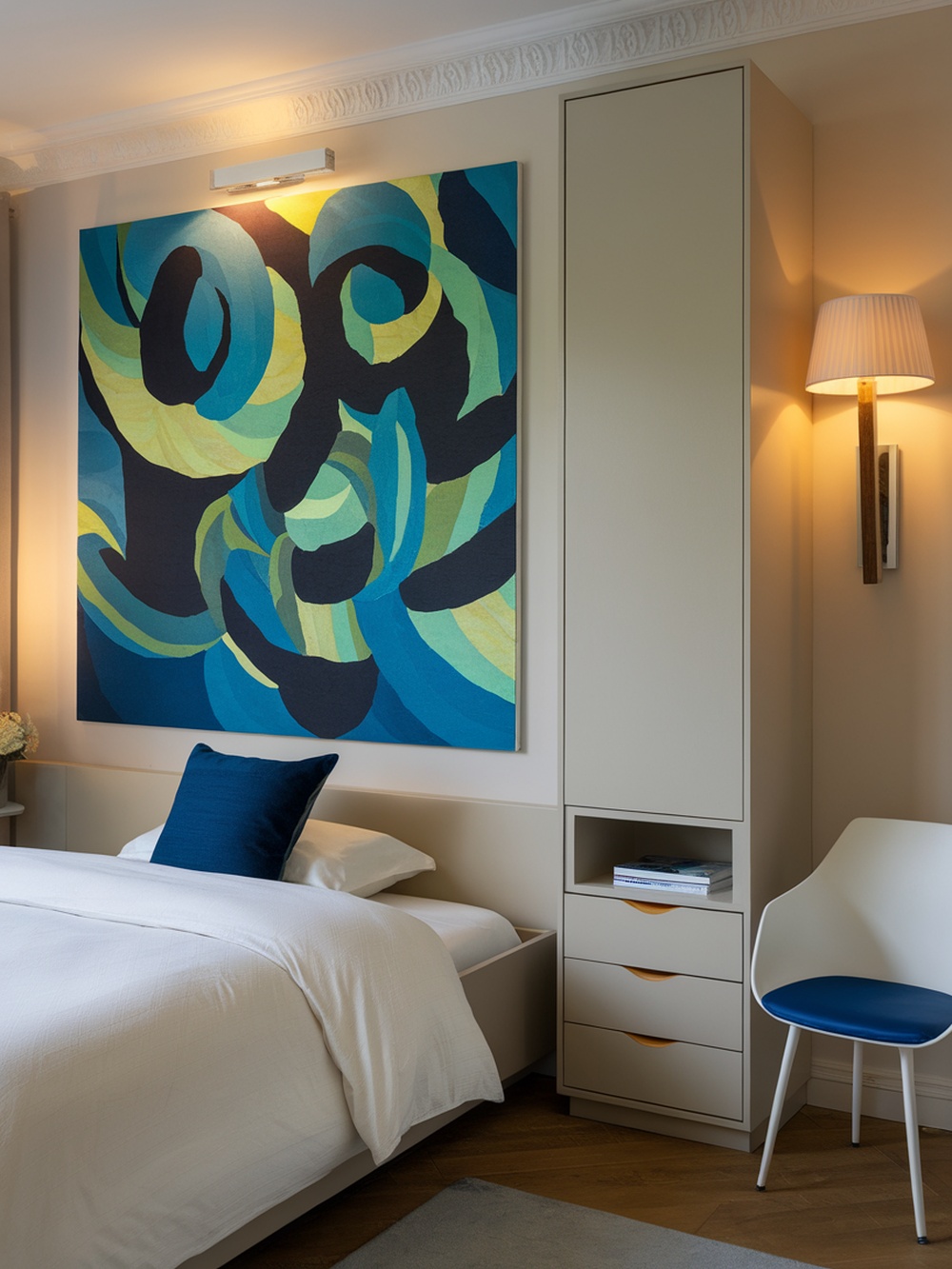 A bedroom featuring oversized colorful art on the wall, with a neutral bed and modern furniture.
