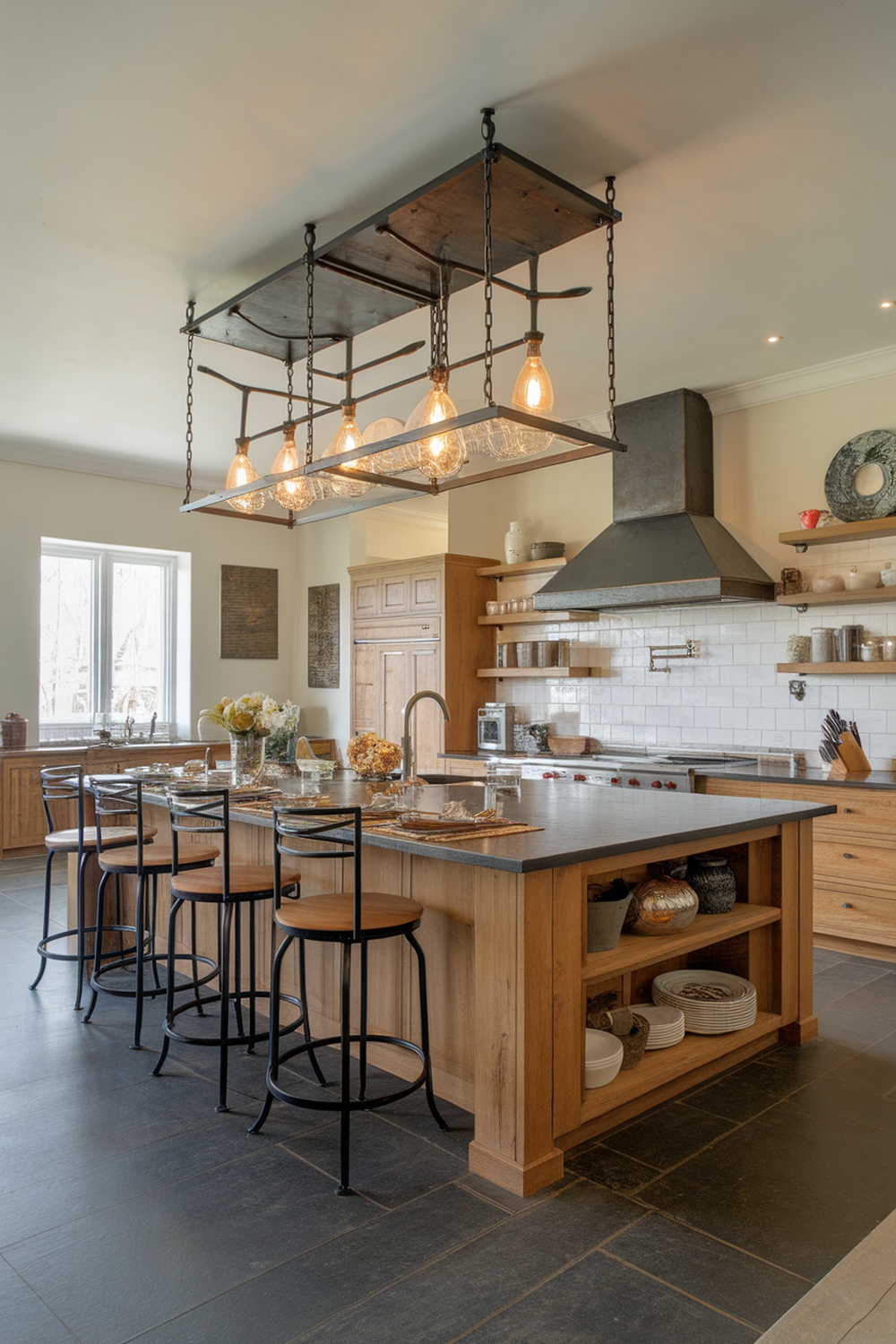 A modern kitchen featuring a multi-functional island with wooden accents and bar stools.