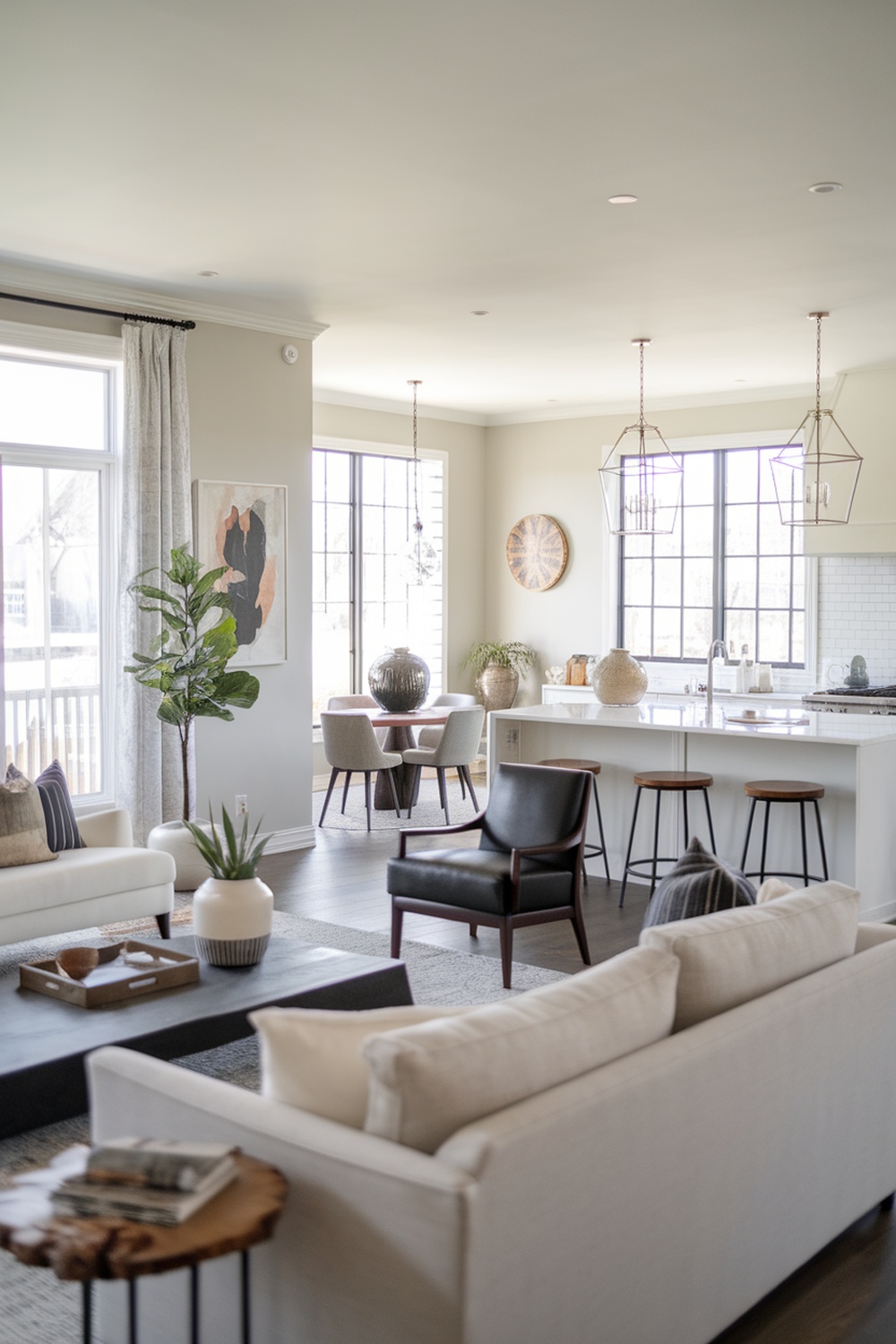 A modern open concept living room with a seamless flow into the dining area and kitchen, featuring large windows and stylish furniture.