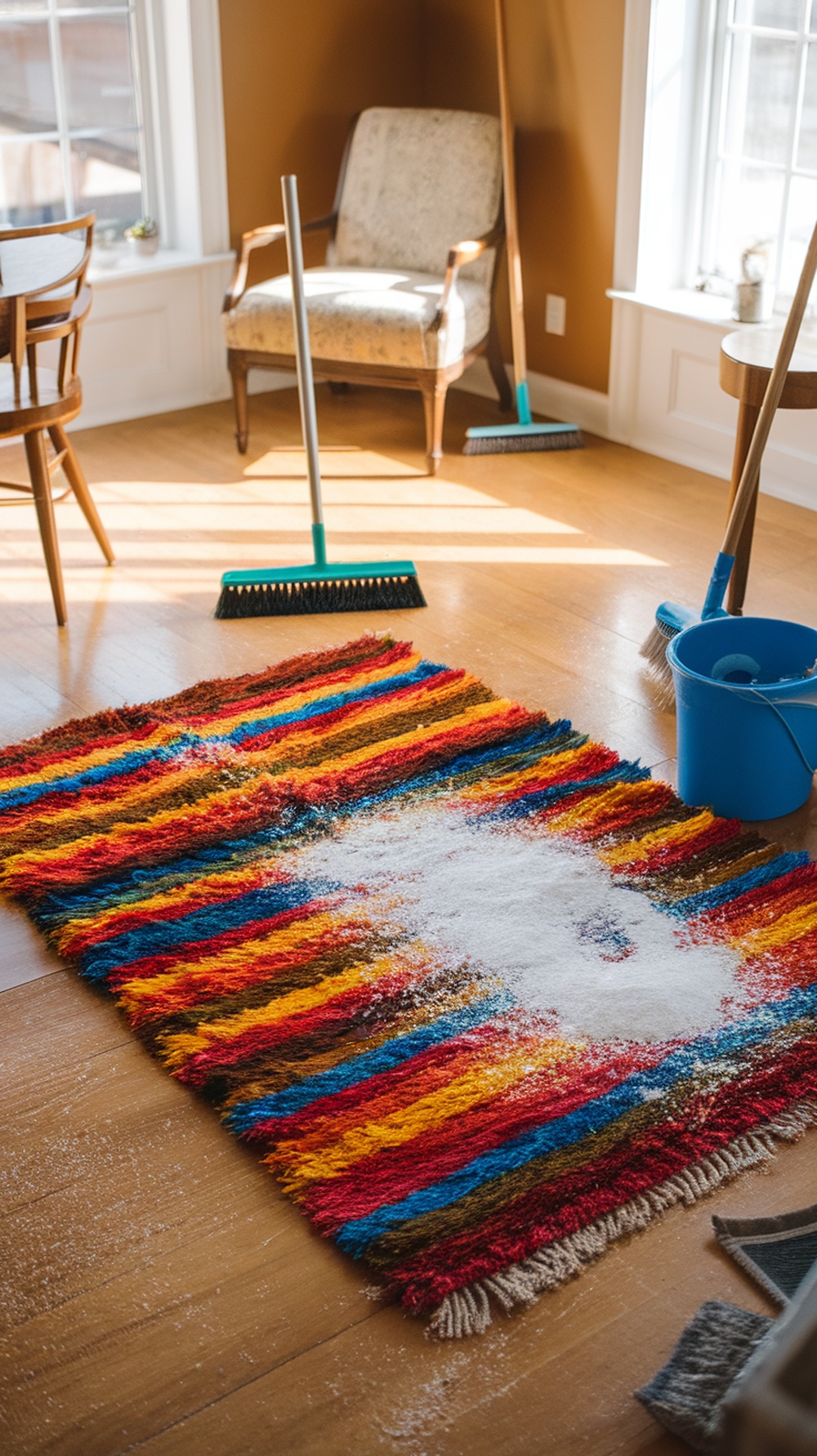 A colorful rug with salt sprinkled on it, surrounded by cleaning tools in a bright room.