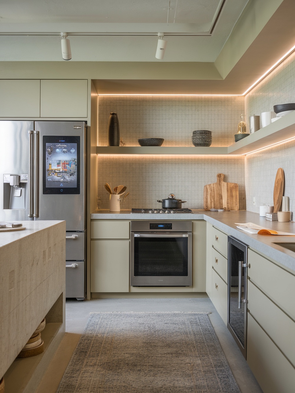 Modern kitchen featuring smart technology appliances and sleek design.