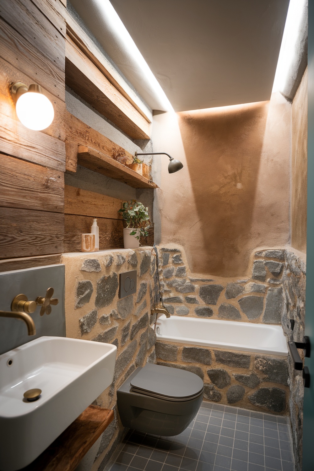 A modern bathroom featuring textured walls with stone and wood elements, showcasing a stylish and cozy design.