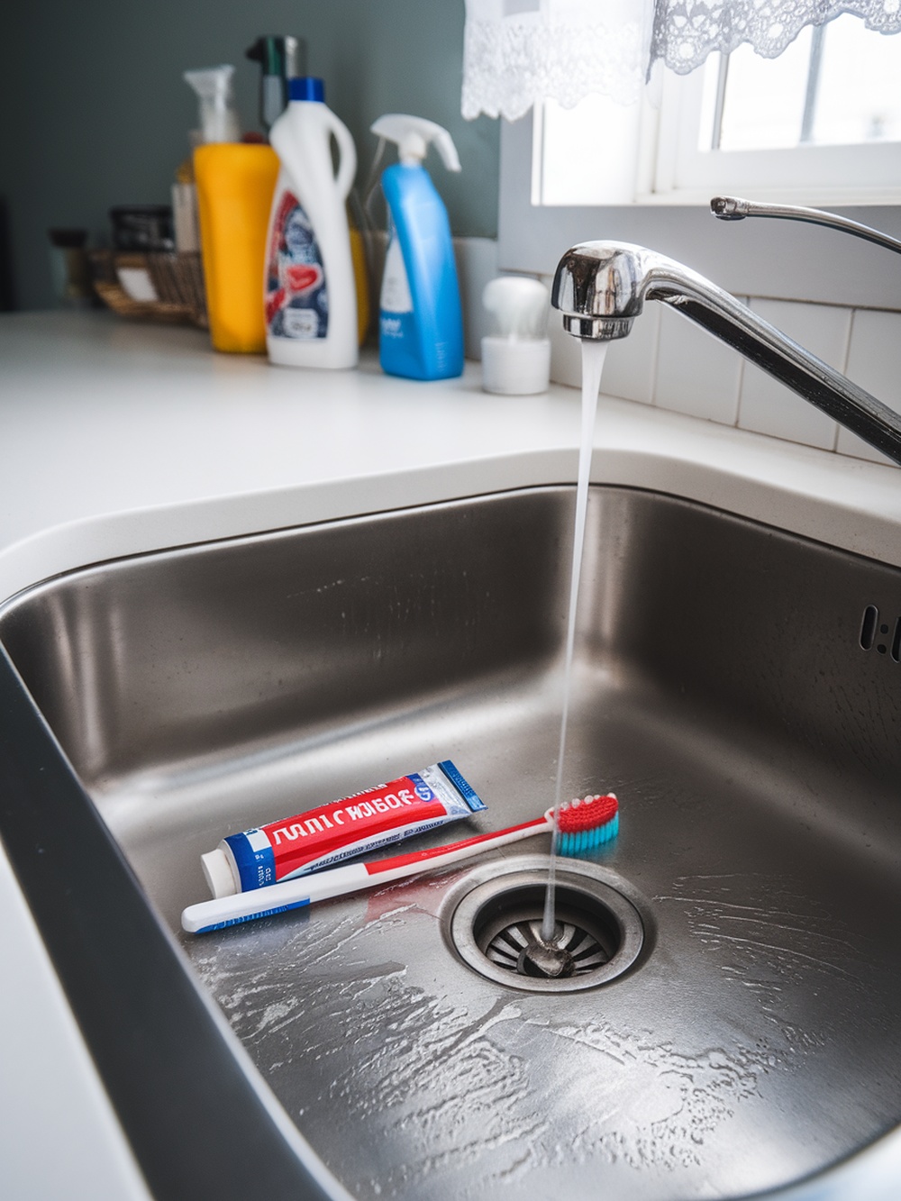 A kitchen sink with a tube of toothpaste and a toothbrush, illustrating a cleaning hack.