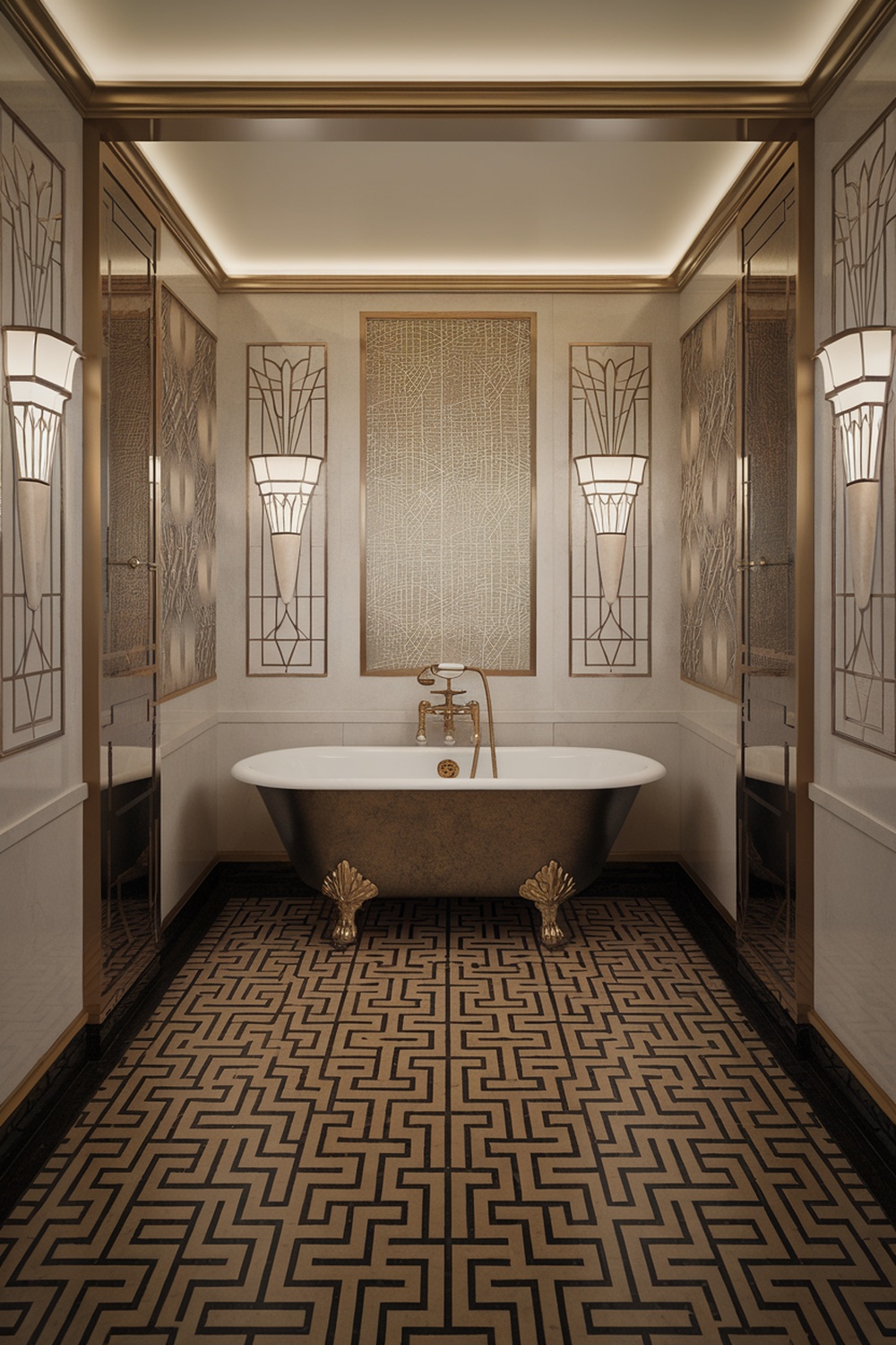 Art Deco bathroom interior with a clawfoot tub, geometric patterned floor, and elegant wall sconces.