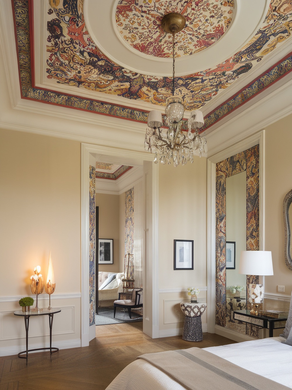 A beautifully designed bedroom with bold wallpaper on the ceiling featuring intricate patterns and vibrant colors.