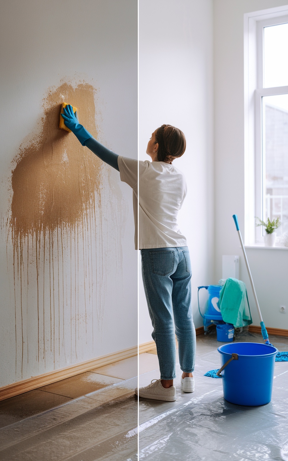 A person cleaning a wall with a sponge, showing a before and after effect of cleaning with dish soap.
