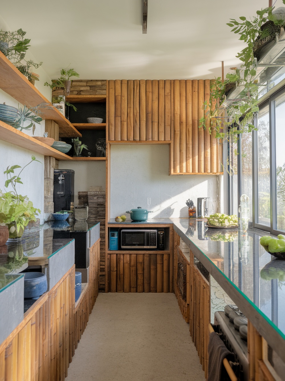 A modern kitchen featuring bamboo cabinetry, recycled countertops, and various indoor plants.