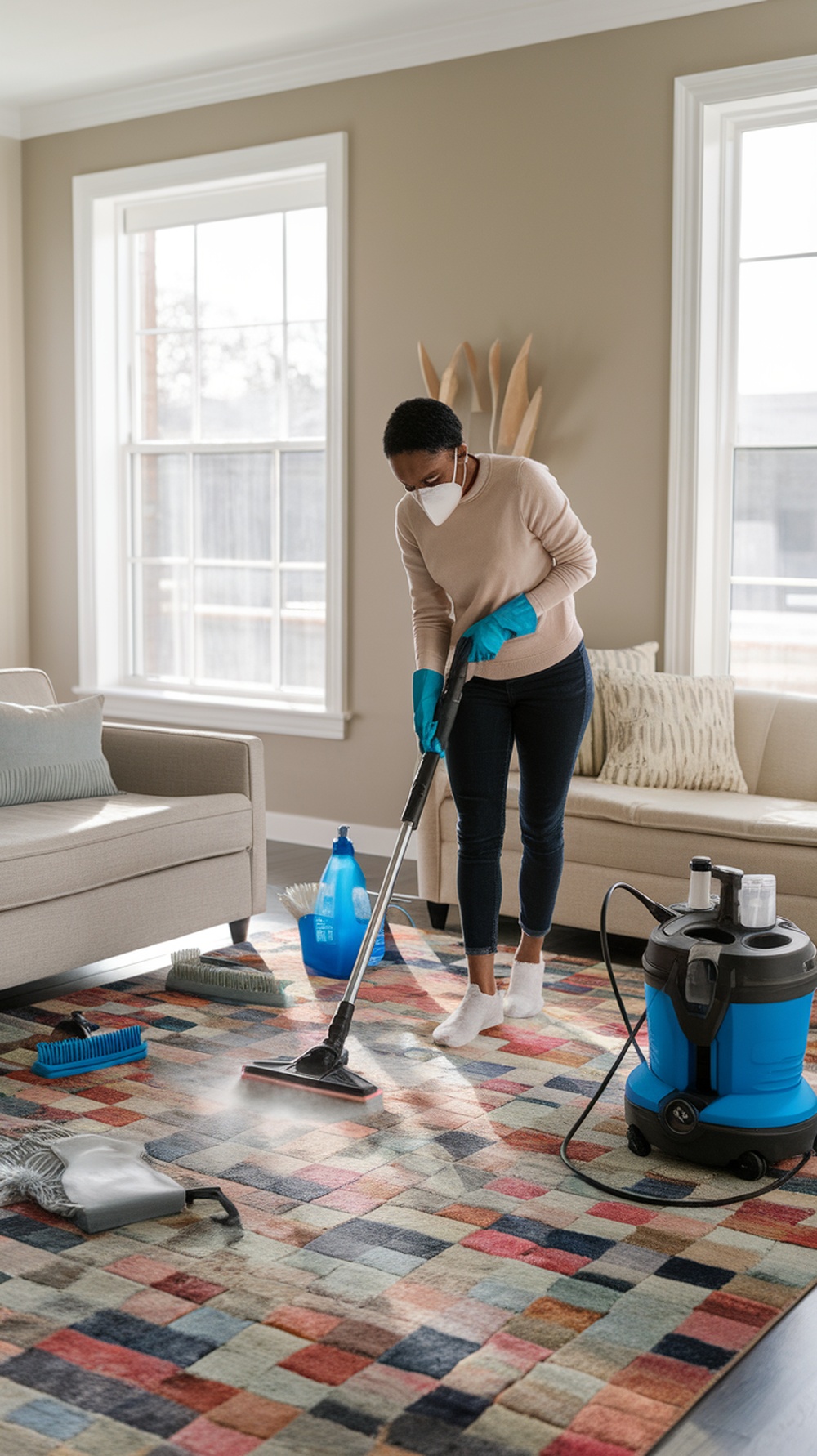 A person using a steam cleaner on a colorful rug in a cozy living room.