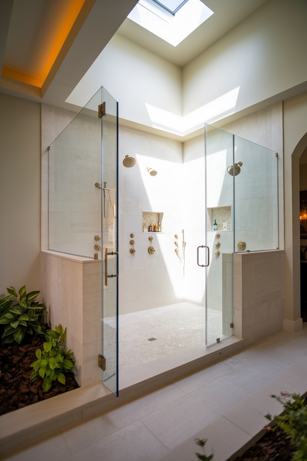 A modern bathroom with a glass shower enclosure and natural light from a skylight.