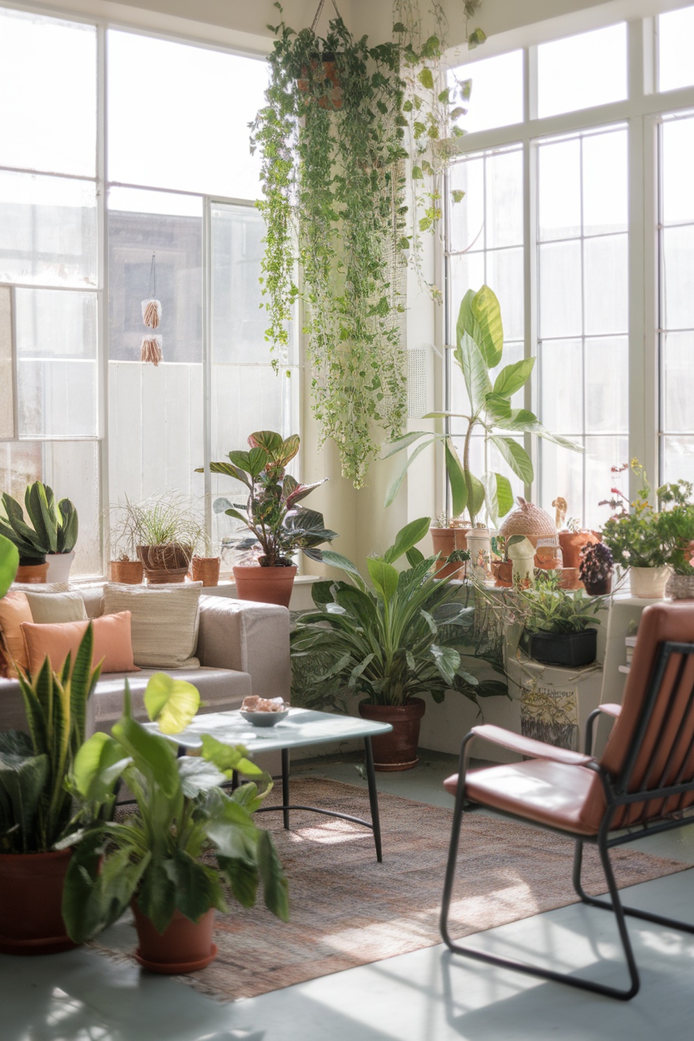 A bright living room filled with various indoor plants, showcasing a cozy and spacious vibe.