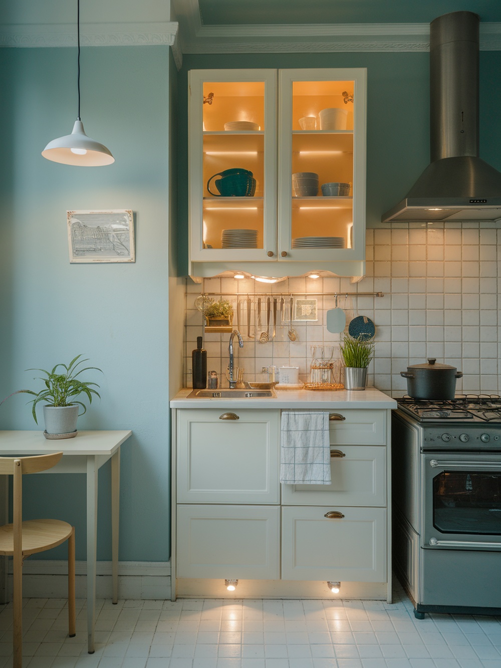 A cozy kitchen with under-cabinet lighting, a pendant light, and glass-front cabinets, showcasing clever lighting tricks for small spaces.