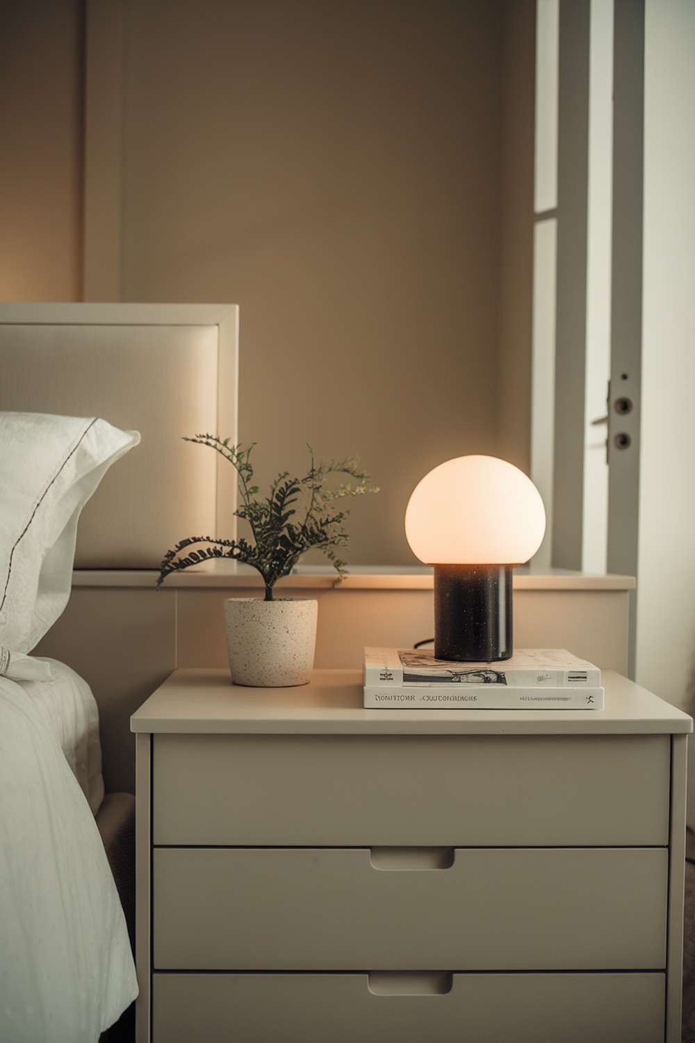A minimalist nightstand with a lamp, plant, and stacked books.