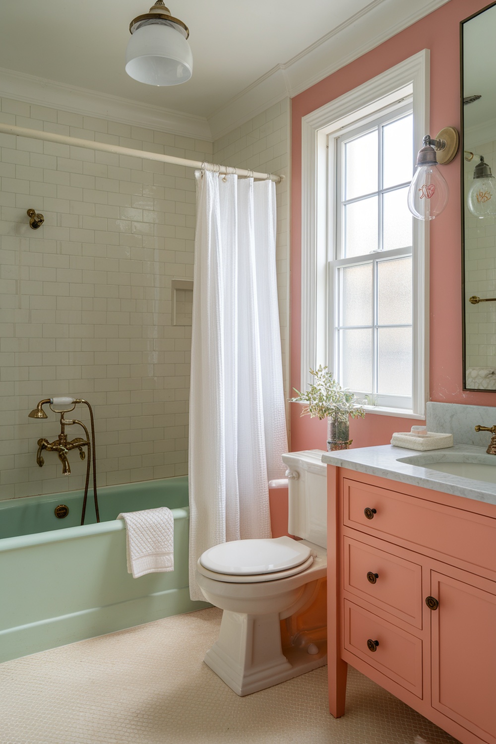 A beautifully remodeled bathroom featuring soft pink and mint green colors, a white shower curtain, and elegant fixtures.