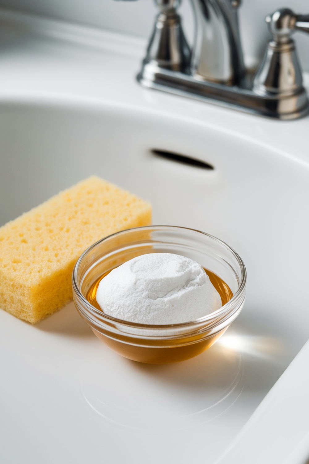 A bowl of baking soda and vinegar paste with a sponge beside it, ready for cleaning hard water stains.