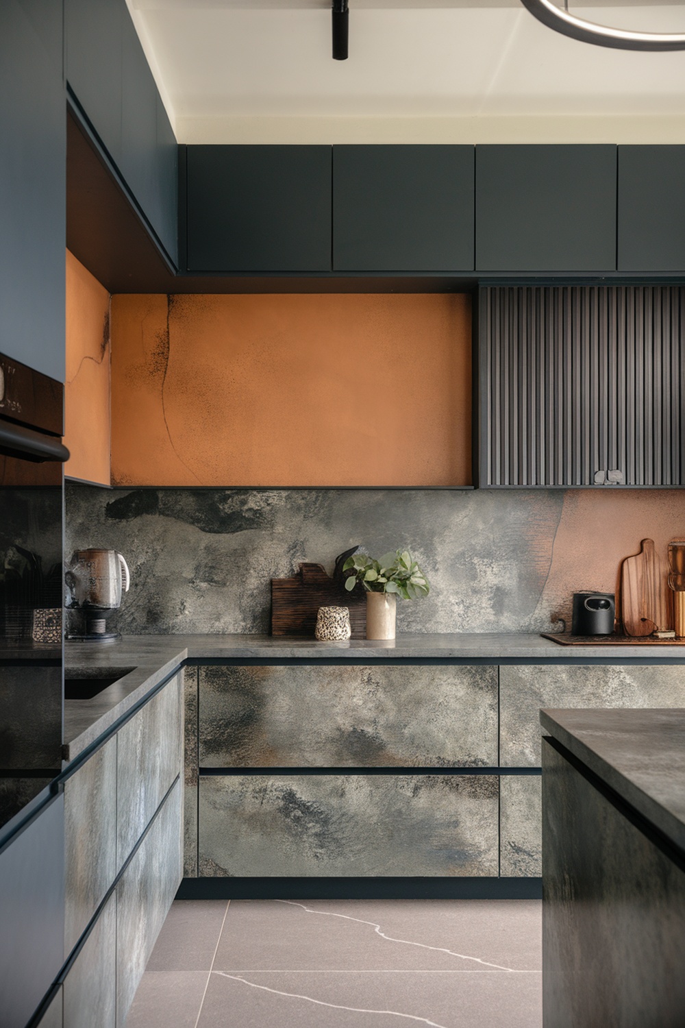A modern kitchen with textured finishes, featuring a mix of materials and colors.