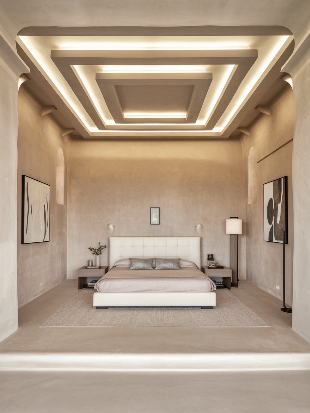 A minimalist bedroom featuring textured walls and a creative ceiling design.