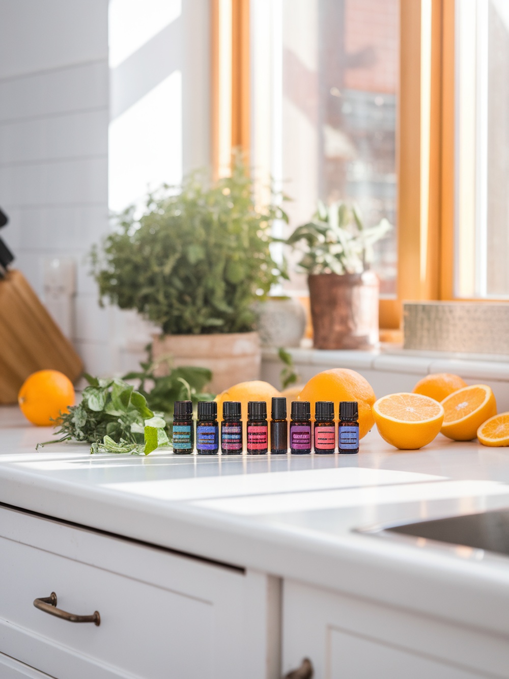 A collection of essential oil bottles on a kitchen countertop with oranges and herbs.