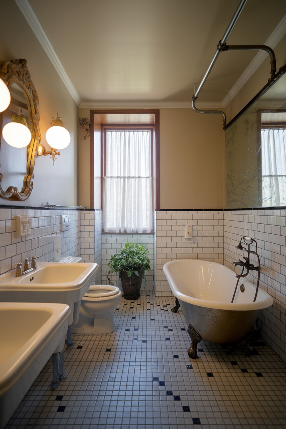 A vintage-inspired bathroom featuring a clawfoot tub, modern tiles, and elegant light fixtures.