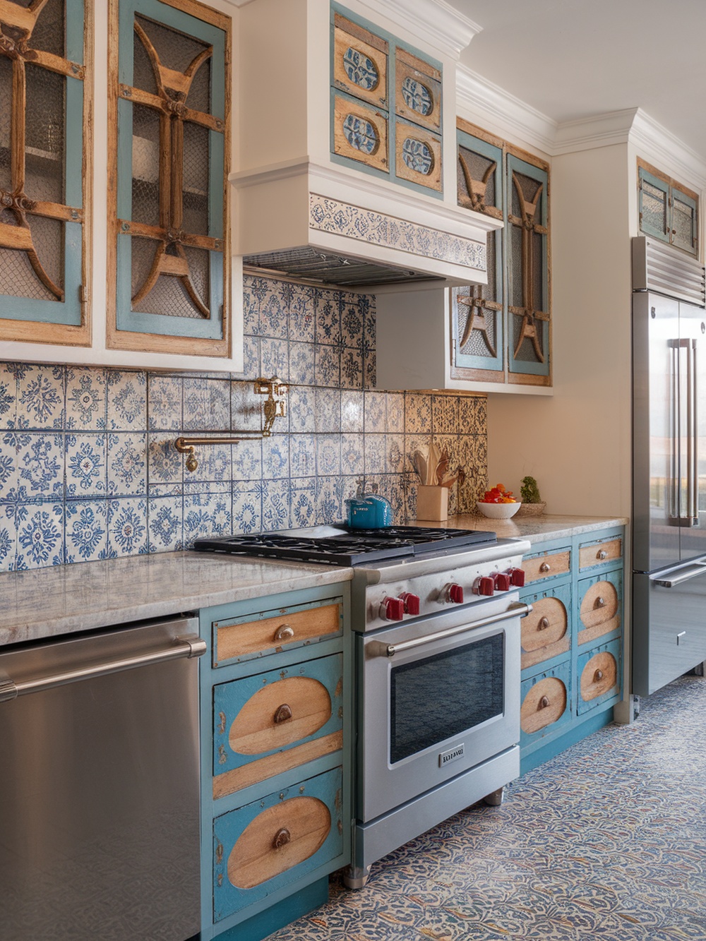A kitchen featuring vintage-style cabinets with a distressed blue finish and patterned tiles.