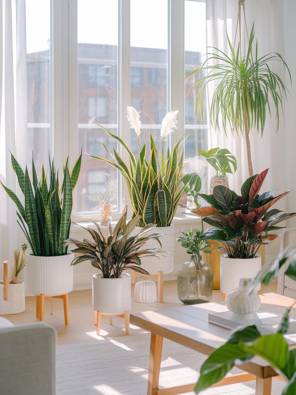 A bright room with various indoor plants in stylish pots, enhancing air quality and scent.