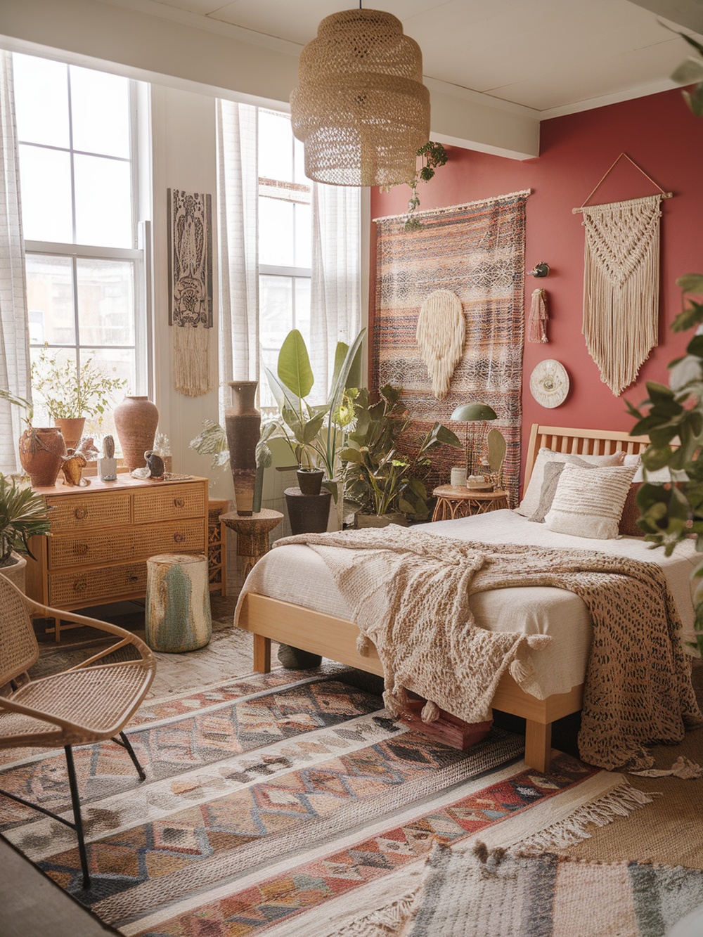 A cozy bohemian-style bedroom featuring earthy tones, layered textiles, and plants.