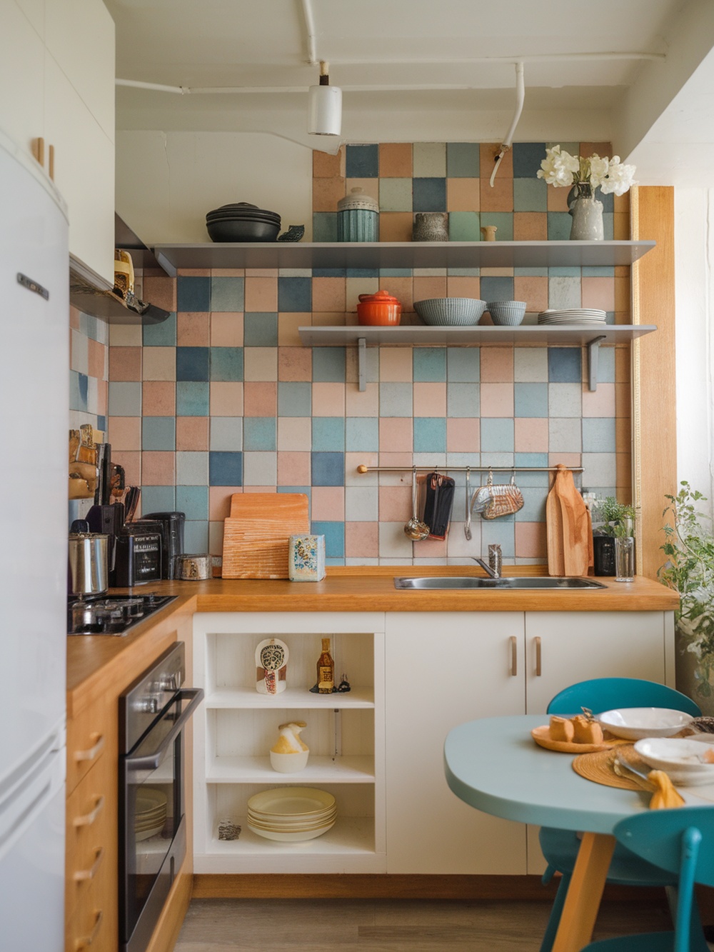 A small kitchen featuring a colorful tiled backsplash with various shades, wooden countertops, and open shelving.