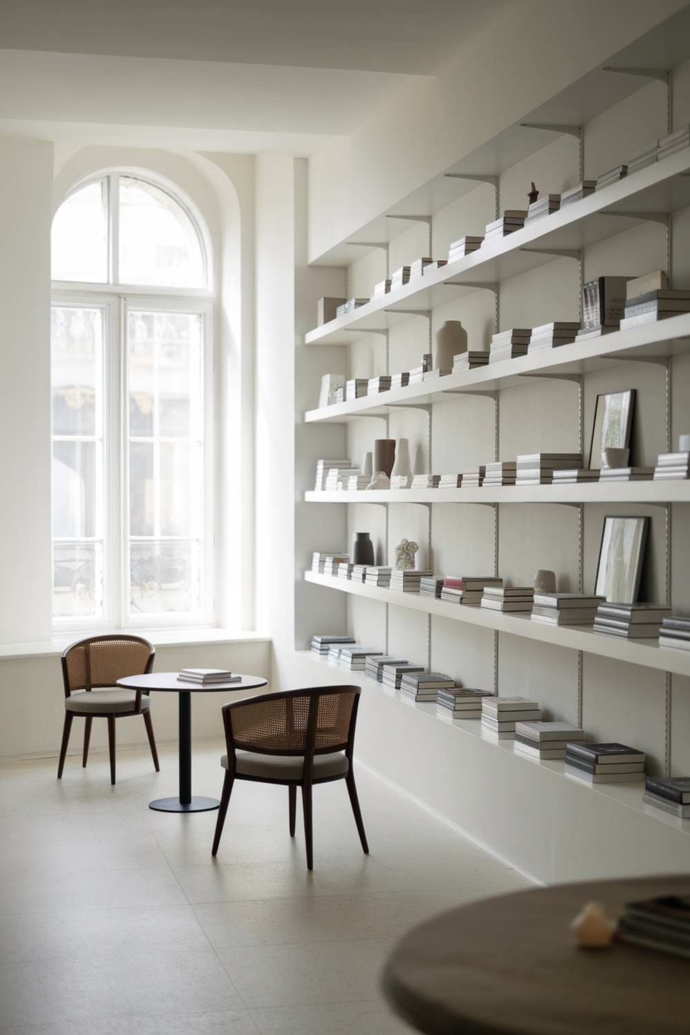 A minimalist living room with a small table, two chairs, and neatly arranged shelves filled with books and decorative items.