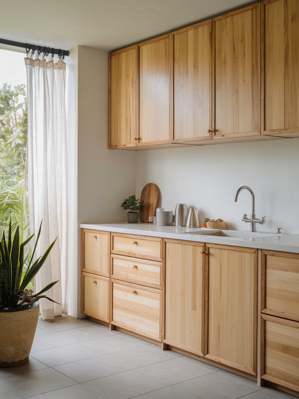 A modern kitchen featuring bamboo cabinets, a sink, and potted plants, showcasing an eco-friendly design.
