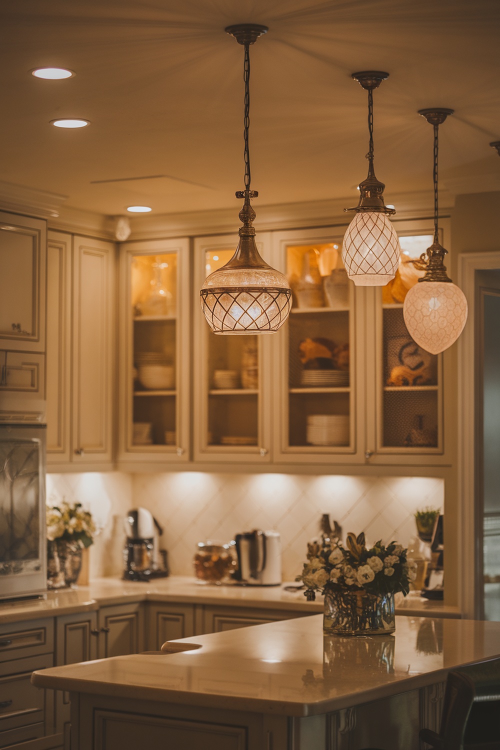 A modern kitchen with elegant pendant lighting above an island, showcasing a warm and inviting atmosphere.