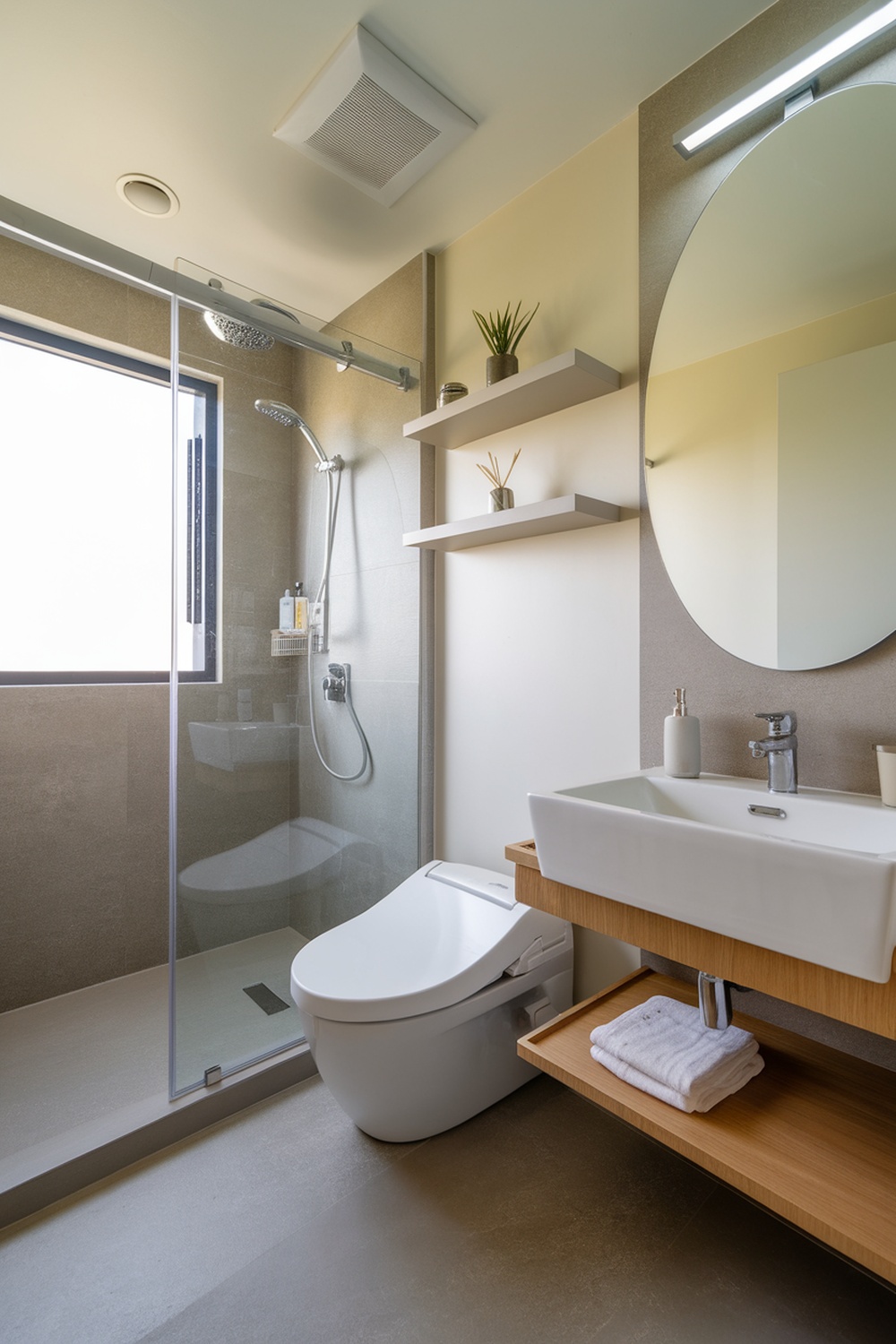 Modern bathroom with glass shower, floating vanity, and open shelves