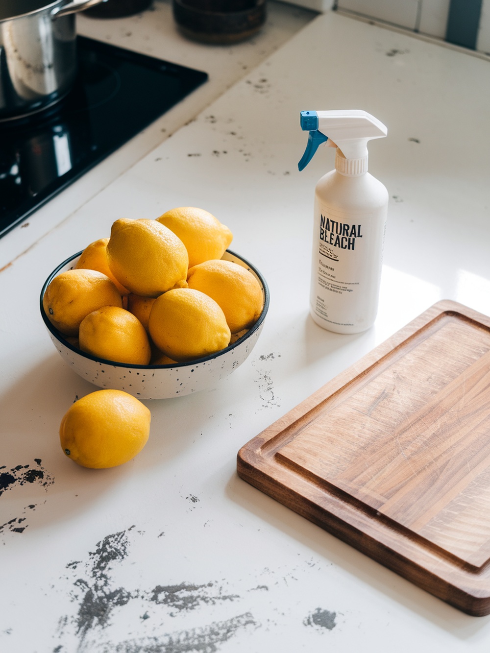 A bowl of fresh lemons next to a spray bottle labeled 'Natural Bleach' on a kitchen counter.